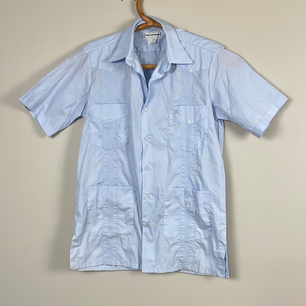 Ted Lapidus Guayabera Shirt Mens Small Short Sleeve Pintuck 4 Pocket Light Blue